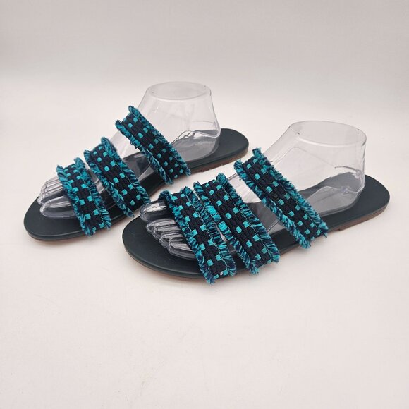 Rothys Triple Strap Fringe Slip On Sandals Blue Flats Womens Sz 10.5 NEW - Picture 2 of 5